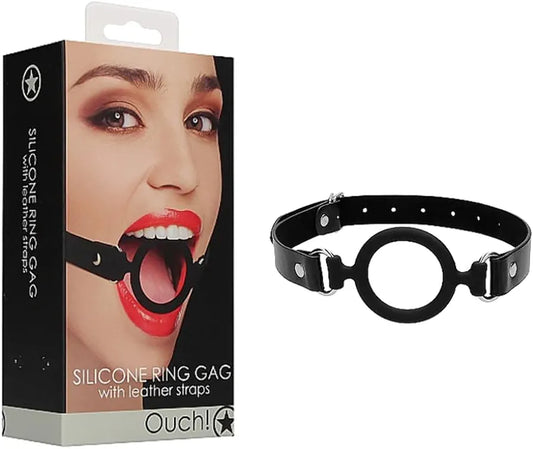 Ouch! Silicone Ring Gag with Leather Strap, Black