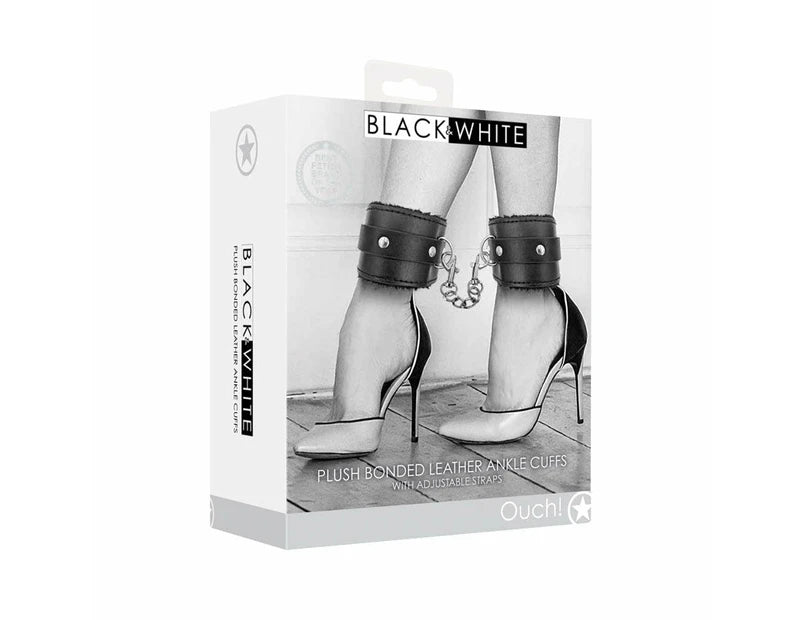 Ouch! Black & White Plush Bonded Leather Ankle Cuffs