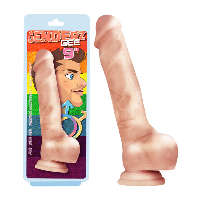 Celebrity Knights – Genderz “Gee” 9″ Real Feel Dual Density Dong with Balls (Light Flesh)